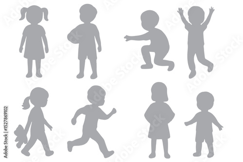 Set of Children Silhouettes in Various Poses and Activities