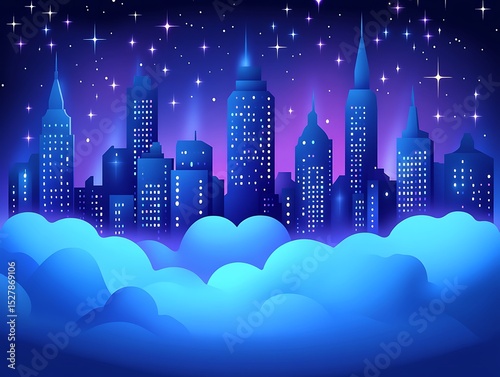 A stylized night scene of a cityscape over clouds in color