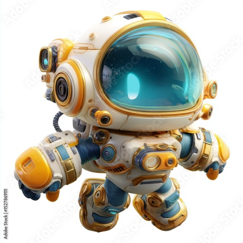 Cute cartoon robot astronaut exploring a vibrant alien planet with colorful features and a big transparent helmet