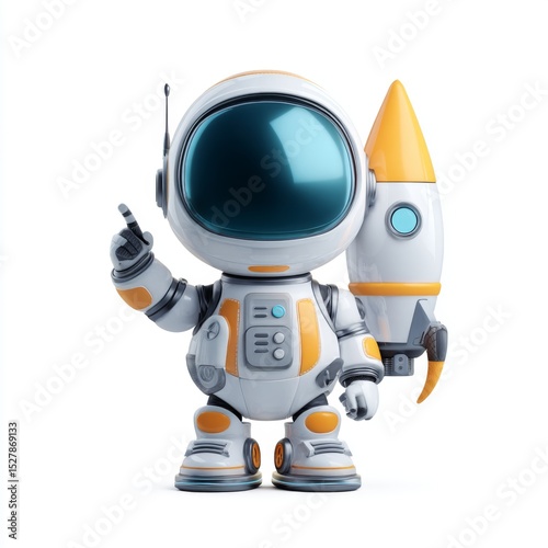 Cute cartoon astronaut character with rocket, cheerful expression, and vibrant colors, perfect for children's themes or space projects
