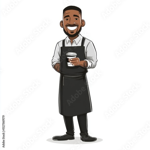 Friendly barista in black apron holding coffee cup, smiling and radiating positive vibes in a modern cafe setting.