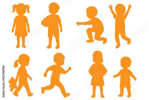 Set of Children Silhouettes in Various Poses and Activities