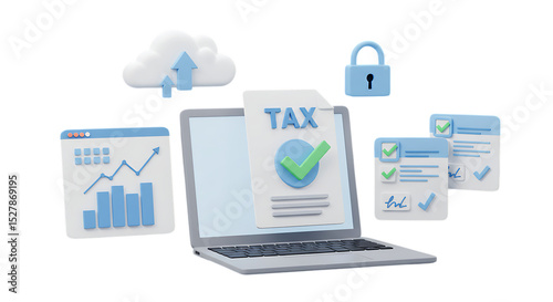 3d render of online tax filing system laptop cloud security isolated on white background