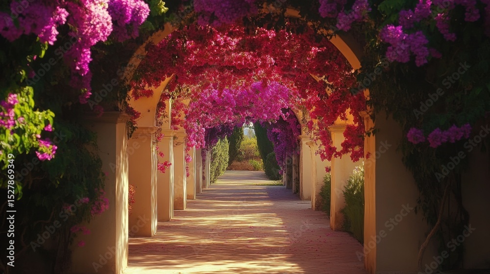 Obraz premium Backyard trellis tunnel covered in colorful flower vines leading into a green sanctuary