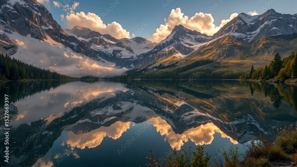 Fototapeta premium Serene mountain landscape with snow-capped peaks reflected perfectly in a calm lake under a cloudy sky.