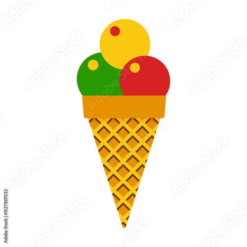 Ice cream cone icon, cartoon waffle candy, funky summer dessert, comic retro fruit sorbet isolated on white background. Cute frozen cream food. Retro simple colorful vector illustration photo