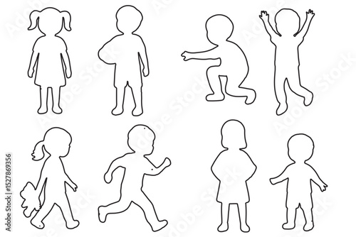 Set of Children Silhouettes in Various Poses and Activities