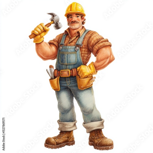 Strong construction worker character with hammer and tools, wearing yellow hard hat, smiling, and showing confidence in work attire
