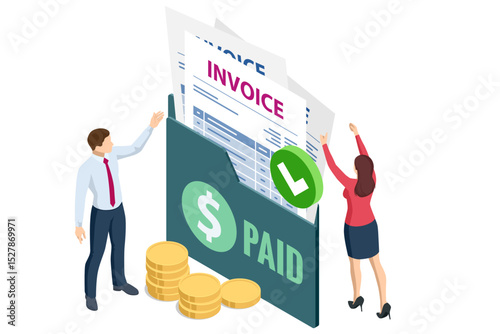 Isometric Mobile invoice payment concept. Isometric vector illustration of electronic bill, smartphone, currency icons, and notification envelope for digital finance and banking.