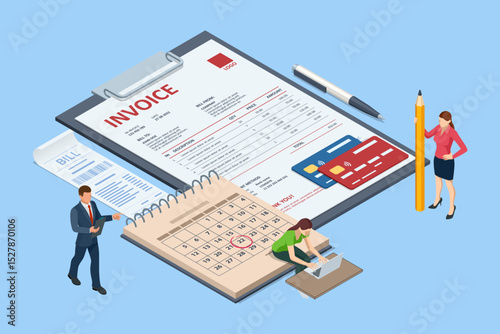 Isometric Mobile invoice payment concept. Isometric vector illustration of electronic bill, smartphone, currency icons, and notification envelope for digital finance and banking.