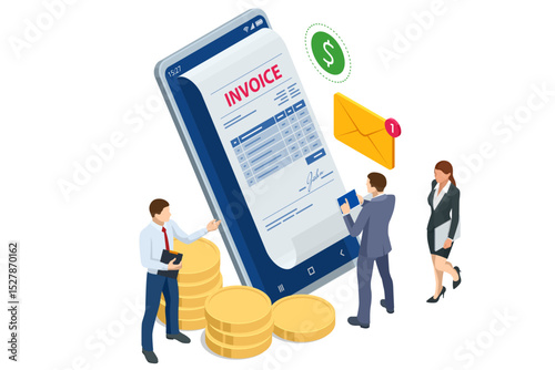 Isometric Mobile invoice payment concept. Isometric vector illustration of electronic bill, smartphone, currency icons, and notification envelope for digital finance and banking.
