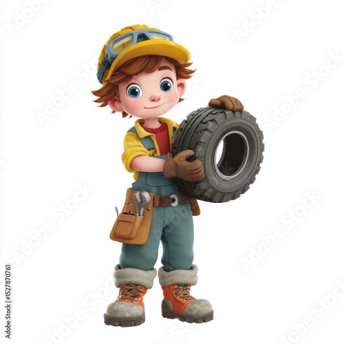 Cartoon character mechanic with orange cap and green overalls holding tire in colorful and cheerful setting