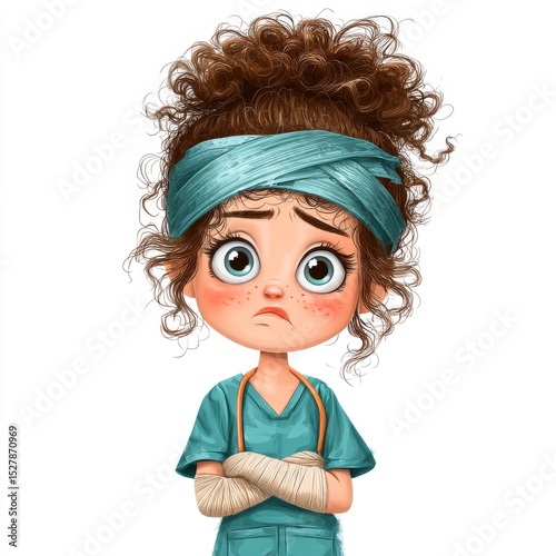 Concerned hospital staff member with curly hair in scrubs, looking anxiously at the camera in a healthcare setting