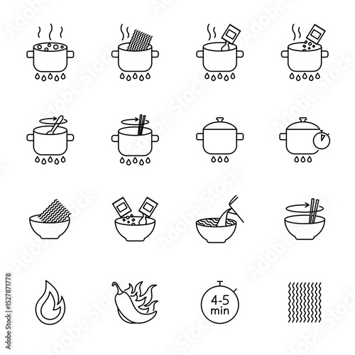 Illustration of Instant noodles preparing steps, guide, instruction. Chinese noodles icons set linear style