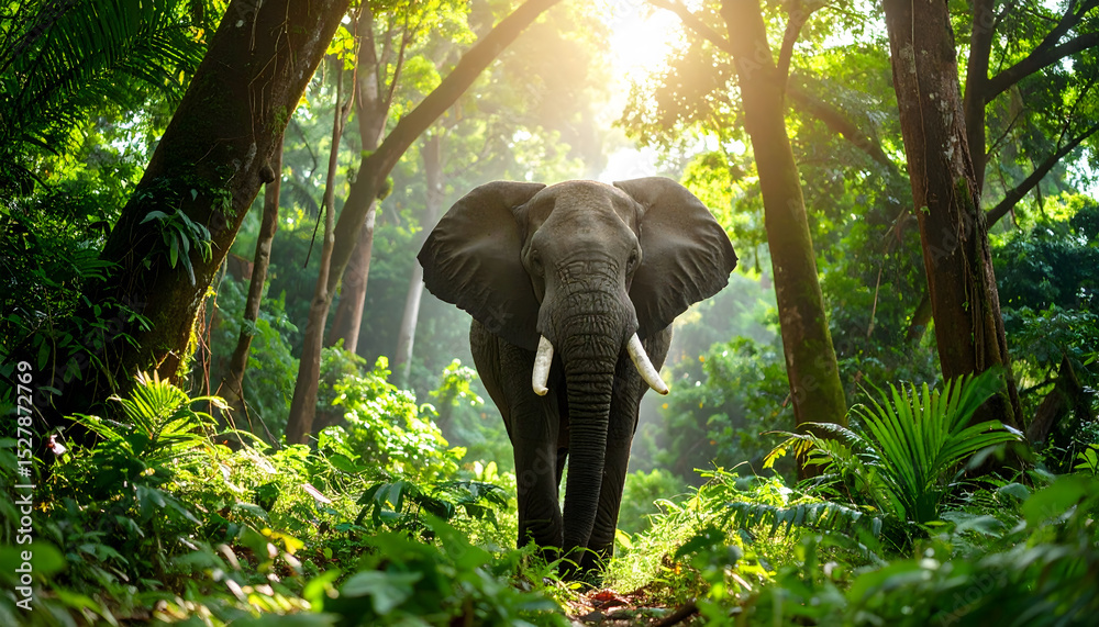 Fototapeta premium Elephant Walking Through Lush Tropical Forest with Sunlit Canopy