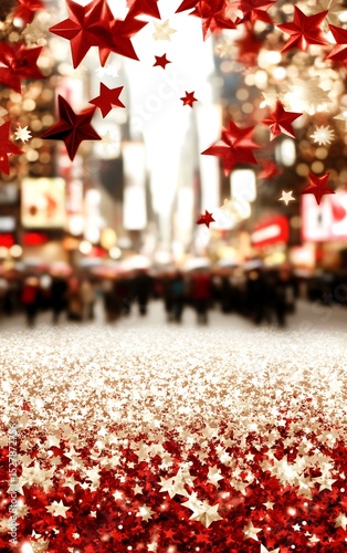 Festive Red Stars and Glittering Lights Cheerful Background Blur