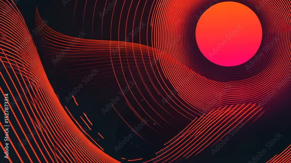 Abstract red and black lines create a dynamic, swirling tunnel effect. A central, bright circle of orange-red provides a focal point