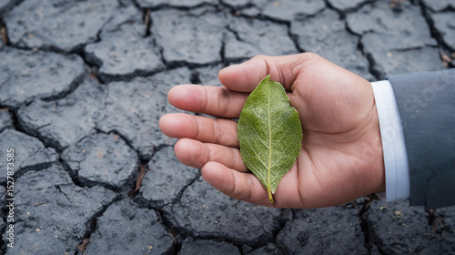 Suited hand offers green leaf to cracked Earth. Hope for climate change reversal