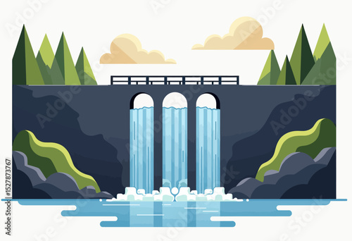 A scenic flat design illustration of a hydroelectric dam in a forest landscape, symbolizing the harmony between renewable energy and the natural environment.

