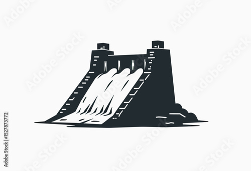 A powerful black and white linocut style icon of a hydroelectric dam, representing industrial strength, renewable energy, and water resource management.

