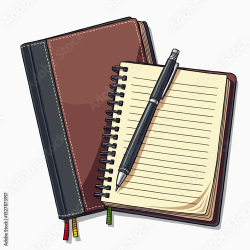 A modern office supply set for planning and productivity, featuring a professional leather journal and a spiral-bound notepad with a sleek black pen.
