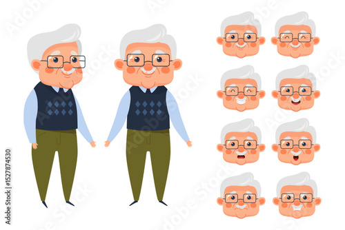 Cute cartoon grandfather character with different facial expressions. Elderly man with gray hair, glasses, and sweater vest. Vector illustration for animation or character design