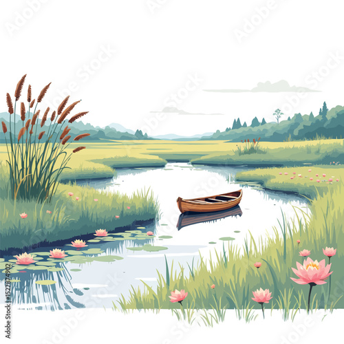 Vsai wooden canoe floating on calm river in serene landscape