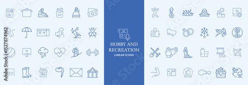 Hobby and recreation linear icons collection. Hobbies for children and adults at home and outdoors. Sports, diving, dancing, reading, drawing, music and singing. Editable stroke outline icon
