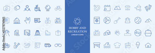 Hobby and recreation linear icons collection. Hobbies for children and adults at home and outdoors. Sports, diving, dancing, reading, drawing, music and singing. Editable stroke outline icon