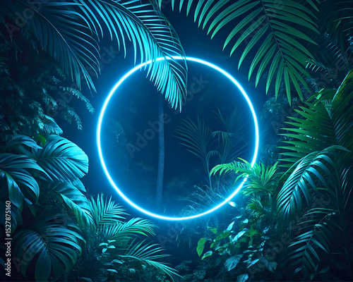 Luminous Neon Circle in Lush Tropical Foliage Night Scene photo