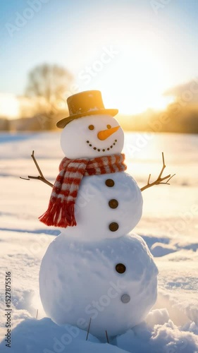 Cheerful snowman with a top hat and striped scarf stands in a snowy field during golden hour of winter sunset.