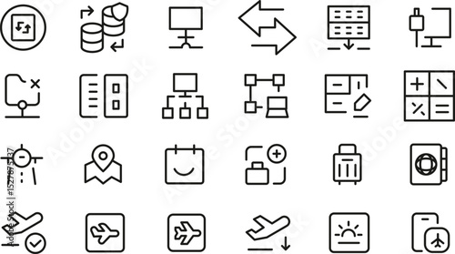 Comprehensive Set of 30 Travel & Technology Icons Airport, Data Transfer, Network, and More - 173.eps Vector Pack