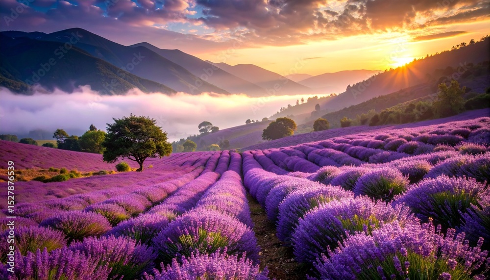 Fototapeta premium Misty lavender valley shrouded in twilight fog, deep violet shadows stretch across rolling hills beneath a brooding sky, serene and cinematic 