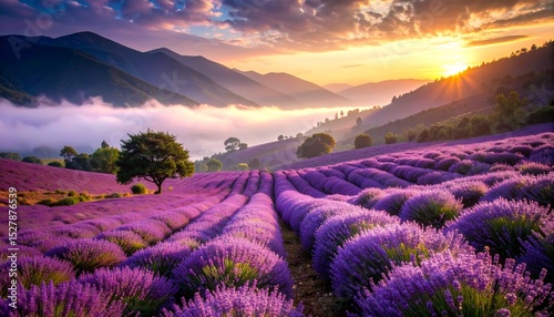 Misty lavender valley shrouded in twilight fog, deep violet shadows stretch across rolling hills beneath a brooding sky, serene and cinematic 