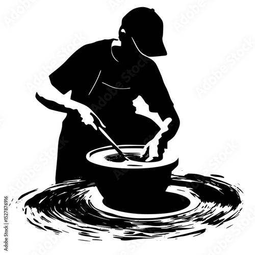 a black and white silhouette of a man washing a pot of water black, bowl, illustration, man, person, pot, silhouette, wash, water, woman , Generative art.
