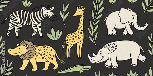 Seamless pattern with cute cartoon wild animals like giraffe, zebra, elephant, and lion for fun safari nature illustration design
