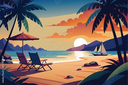 Tranquil Sunset Beach Scene Relaxing Tropical Paradise Illustration