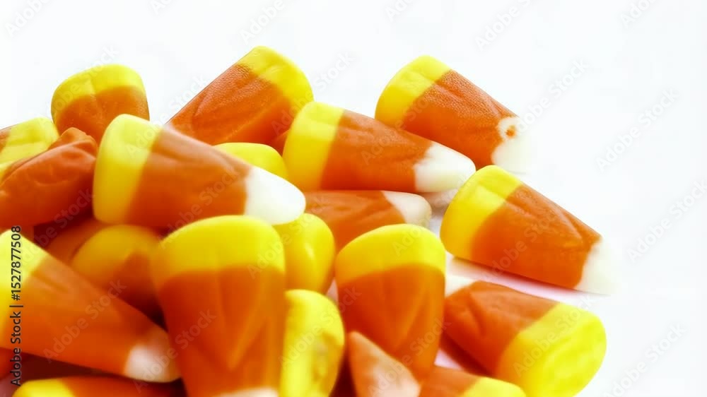 Pile of tri-color candy corn pieces with orange, yellow and white on a plain white background, festive autumn holiday sweets