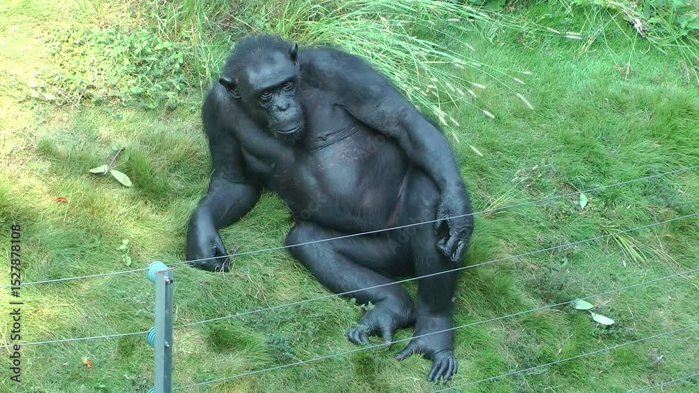 A chimpanzee sitting and thinking