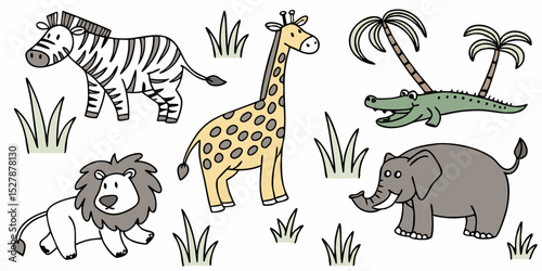 Cute cartoon baby giraffe and other wild animals in a fun jungle safari illustration set