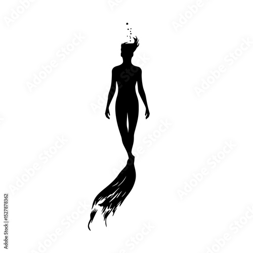 black silhouette of a mermaid in a long dress with a crown on her head black, crown, dress, girl, head, long, mermaid, silhouette, woman , Generative art.