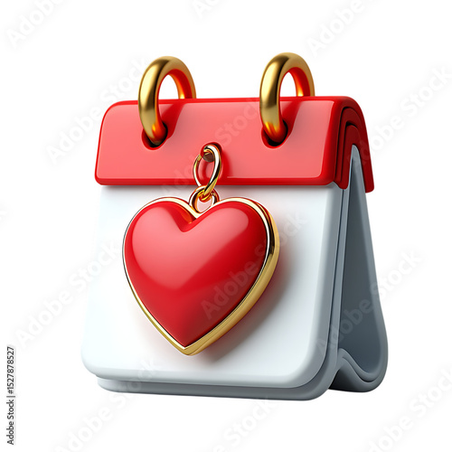 Red and gold calendar with heart charm isolated on white background