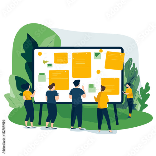 Group of People Collaborating On a Business Strategy Using Sticky Notes on Whiteboard in a Green Natural Background