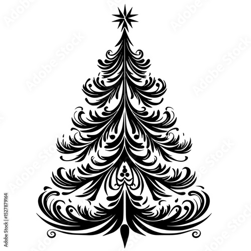 black silhouette of an abstract christmas tree on a white background abstract, black, christmas tree, fir tree, shape, silhouette, star , Generative art.
