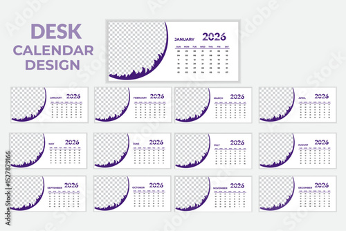 2026 desk calendar design template.Monthly calendar layout for 2026 year. Diary planner for 2026 year. Week Starts on Sunday.New year 2026 table calendar with organic shape