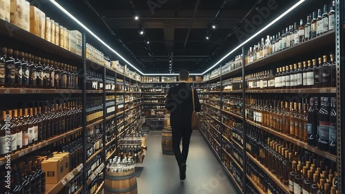 A person walks through a well-organized liquor store, flanked by shelves filled with various bottles of alcohol. Wooden barrels are visible on the floor, creating a classic ambiance.