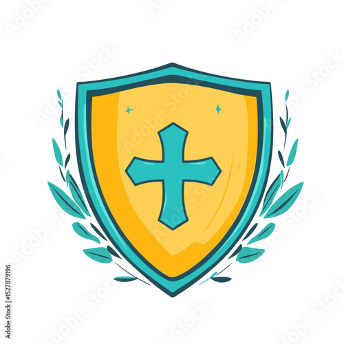 Hand Drawn Yellow and Turquoise Shield with Cross and Laurel Wreath