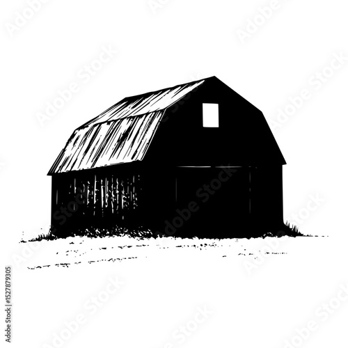 a black and white illustration of an old barn barn, black, drawing, illustration, old, silhouette , Generative art.