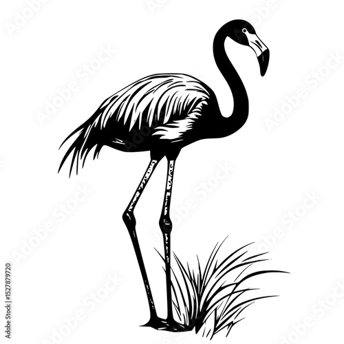 a black and white illustration of a flamingo standing on its hind legs bird, black, flamingo, grass, illustration, leg, silhouette, stand , Generative art.