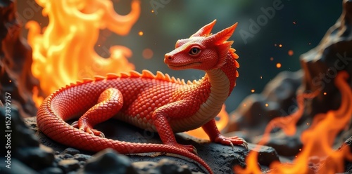 Salamander amidst swirling flames, Baroque style, illustration, animal